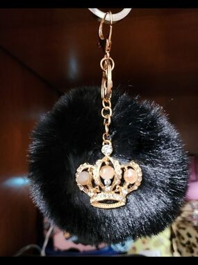 NWT Black Fur Pom Keychain with Gold Crown Charm